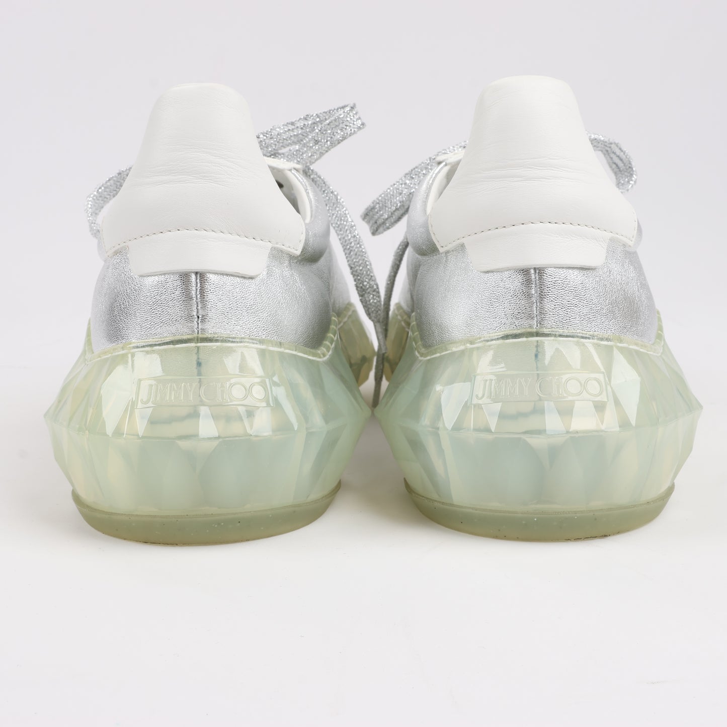 Jimmy Choo Diamond Leder-Sneaker in Weiß x Silber, Größe 38 EU