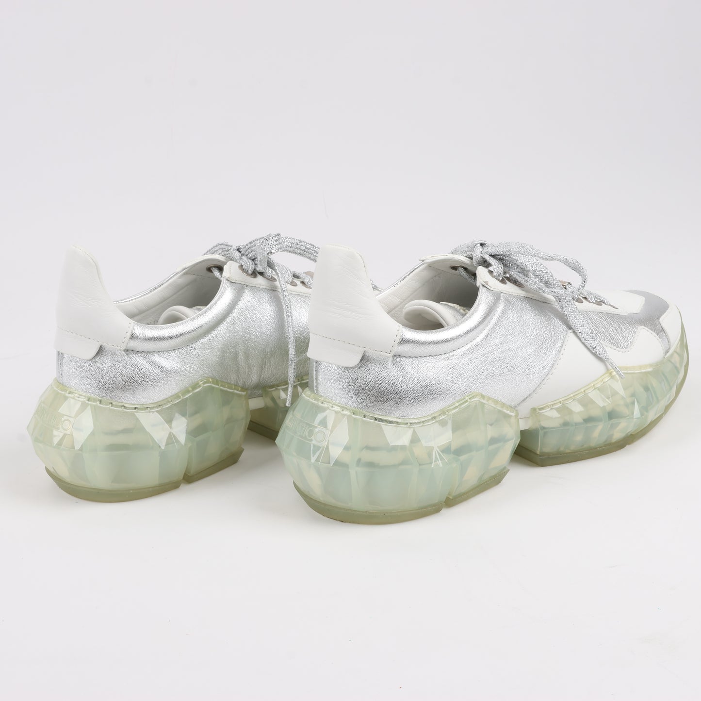 Jimmy Choo Diamond Leder-Sneaker in Weiß x Silber, Größe 38 EU