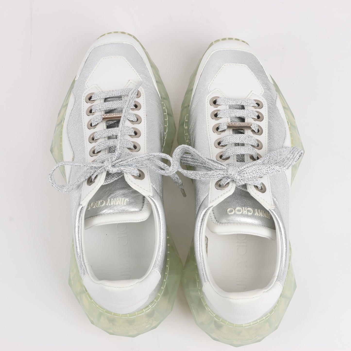Jimmy Choo Diamond Leder-Sneaker in Weiß x Silber, Größe 38 EU