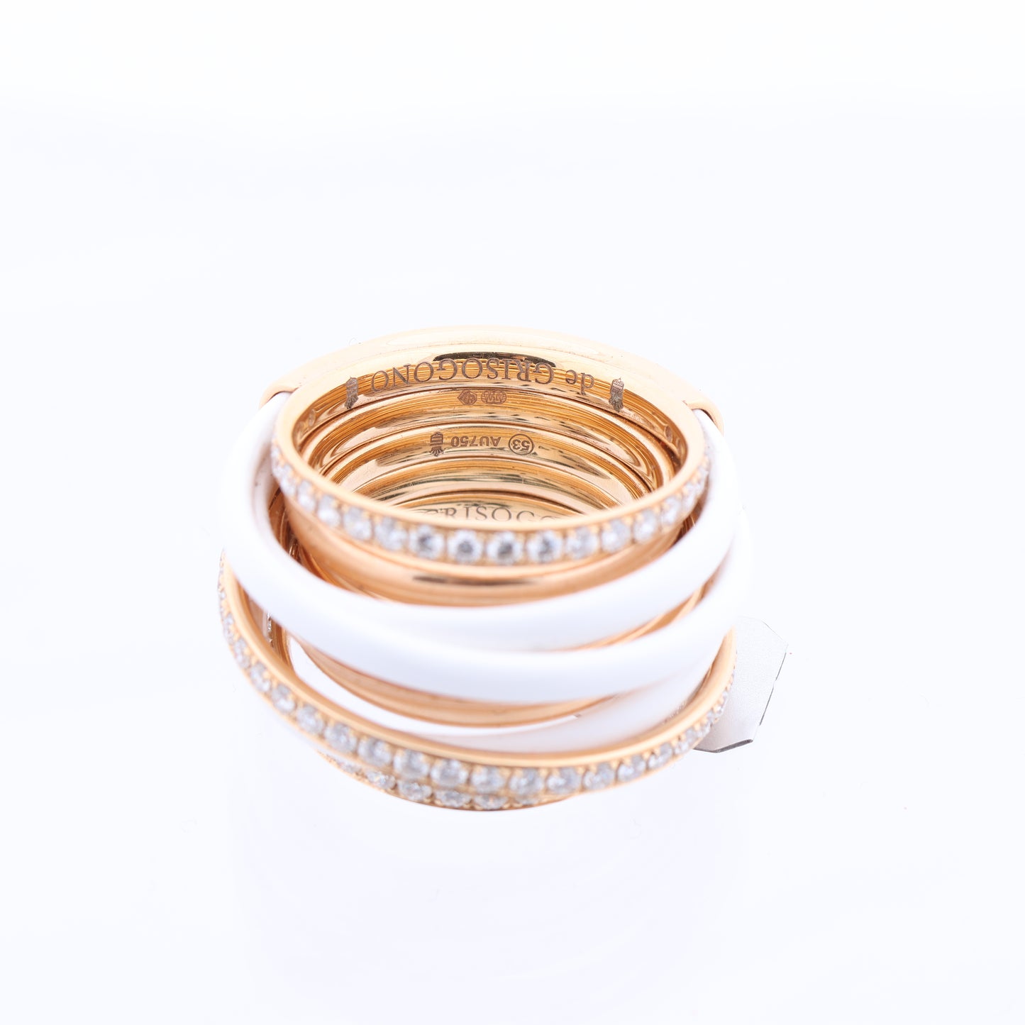 De Grisogono Allegra Rose Gold and White Ceramic with Diamonds Ring, Size 53 EU