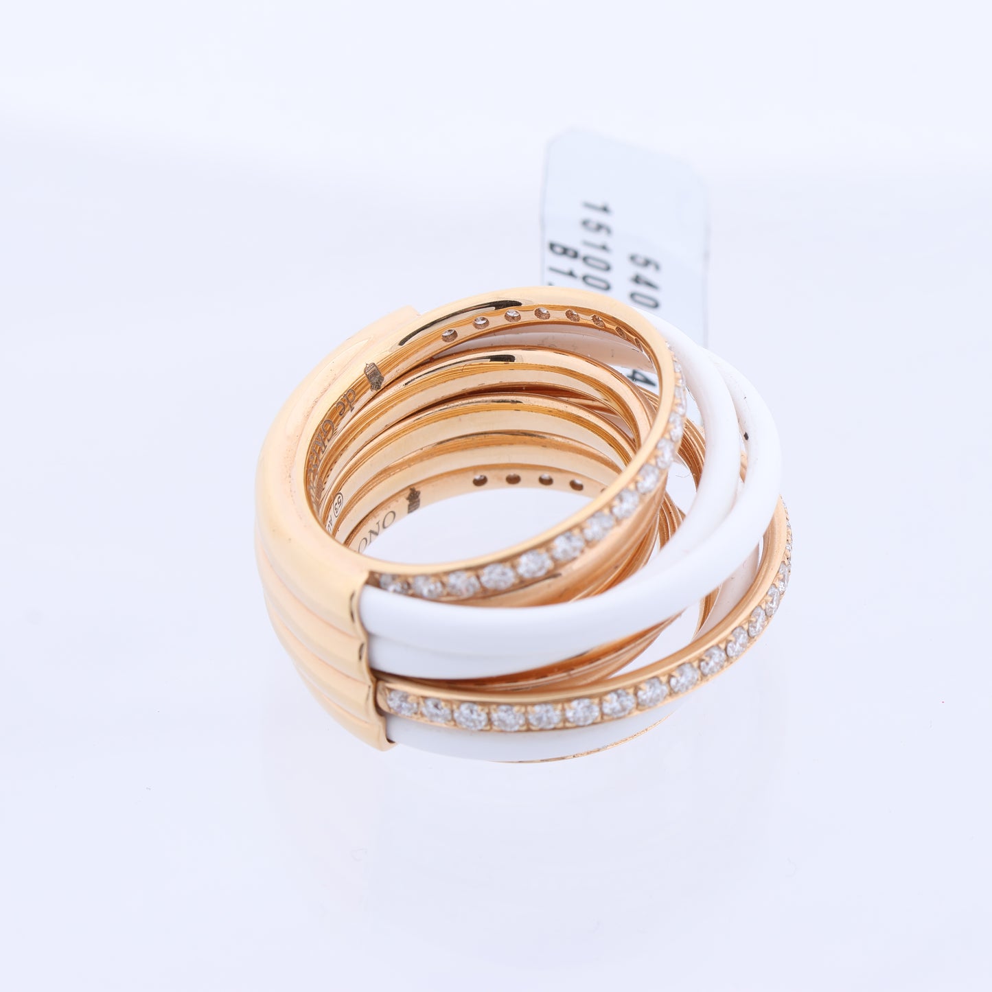 De Grisogono Allegra Rose Gold and White Ceramic with Diamonds Ring, Size 53 EU