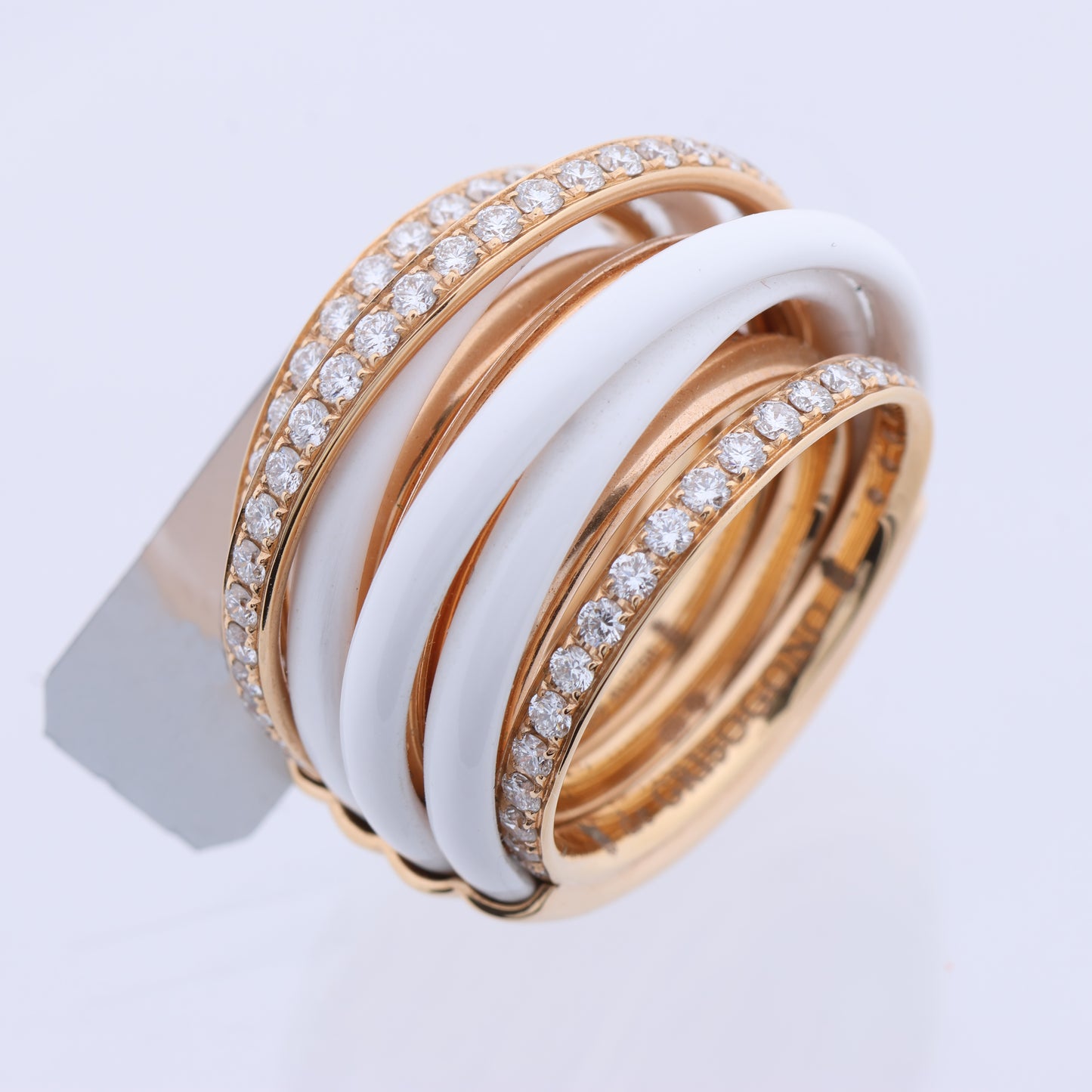 De Grisogono Allegra Rose Gold and White Ceramic with Diamonds Ring, Size 53 EU