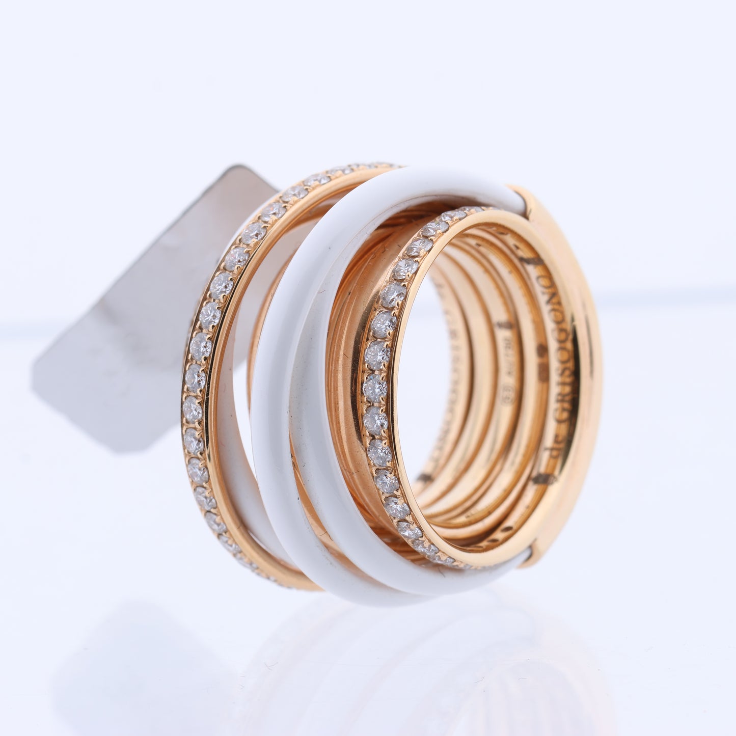 De Grisogono Allegra Rose Gold and White Ceramic with Diamonds Ring, Size 53 EU