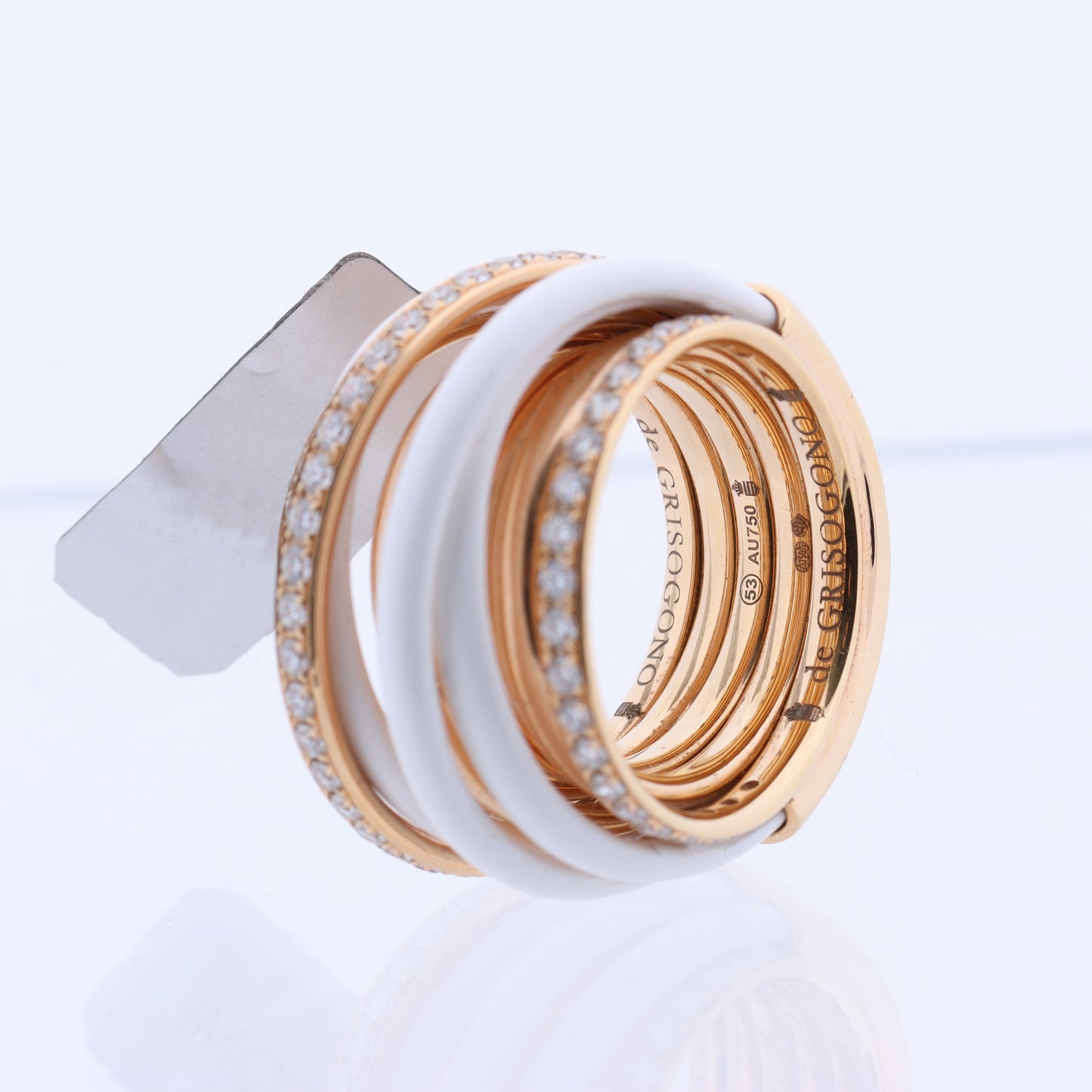 De Grisogono Allegra Rose Gold and White Ceramic with Diamonds Ring, Size 53 EU