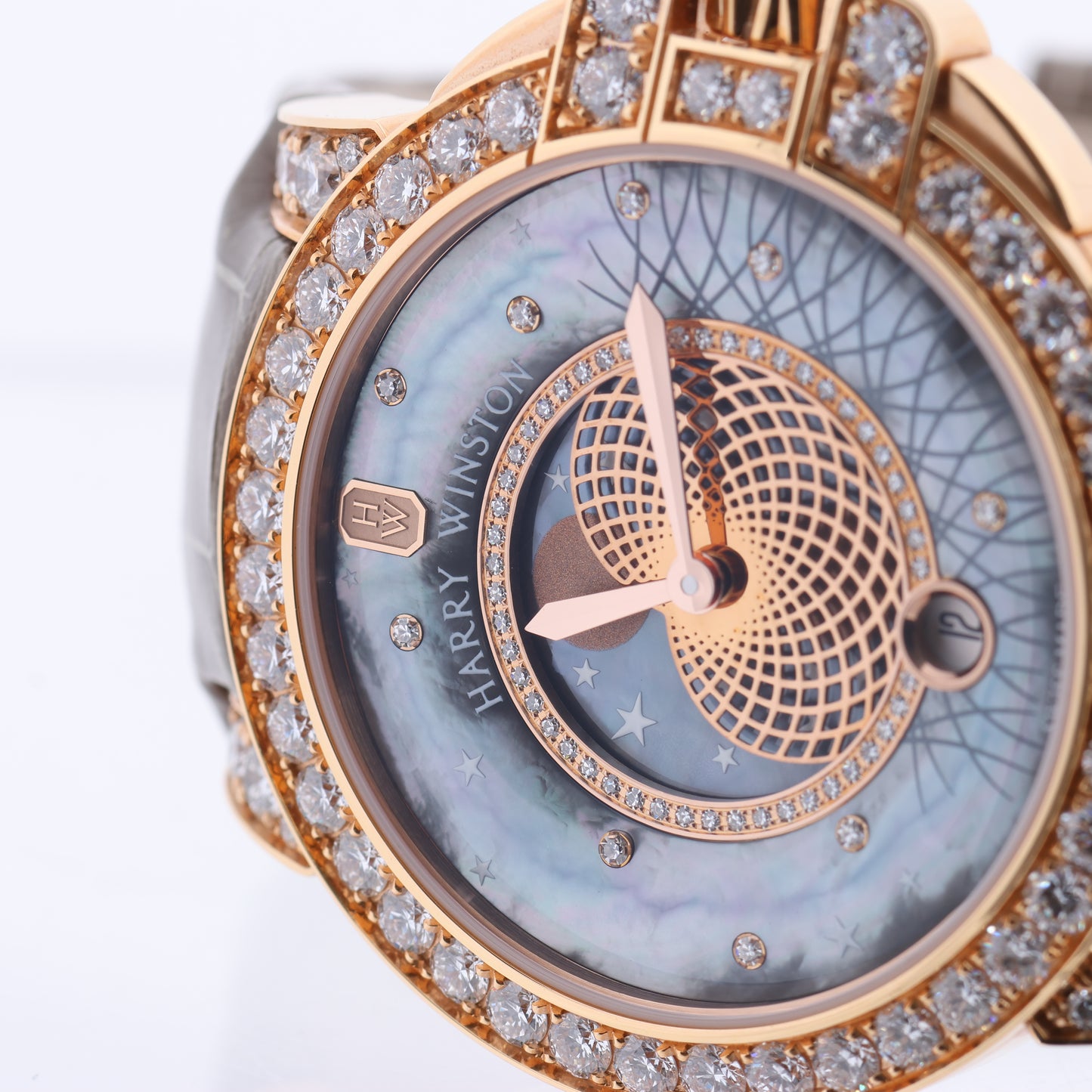 Harry Winston Ocean Moon Phase OCEQMP36RR026 Crocodile leather x RG QZ MOP Dial 36mm Watch