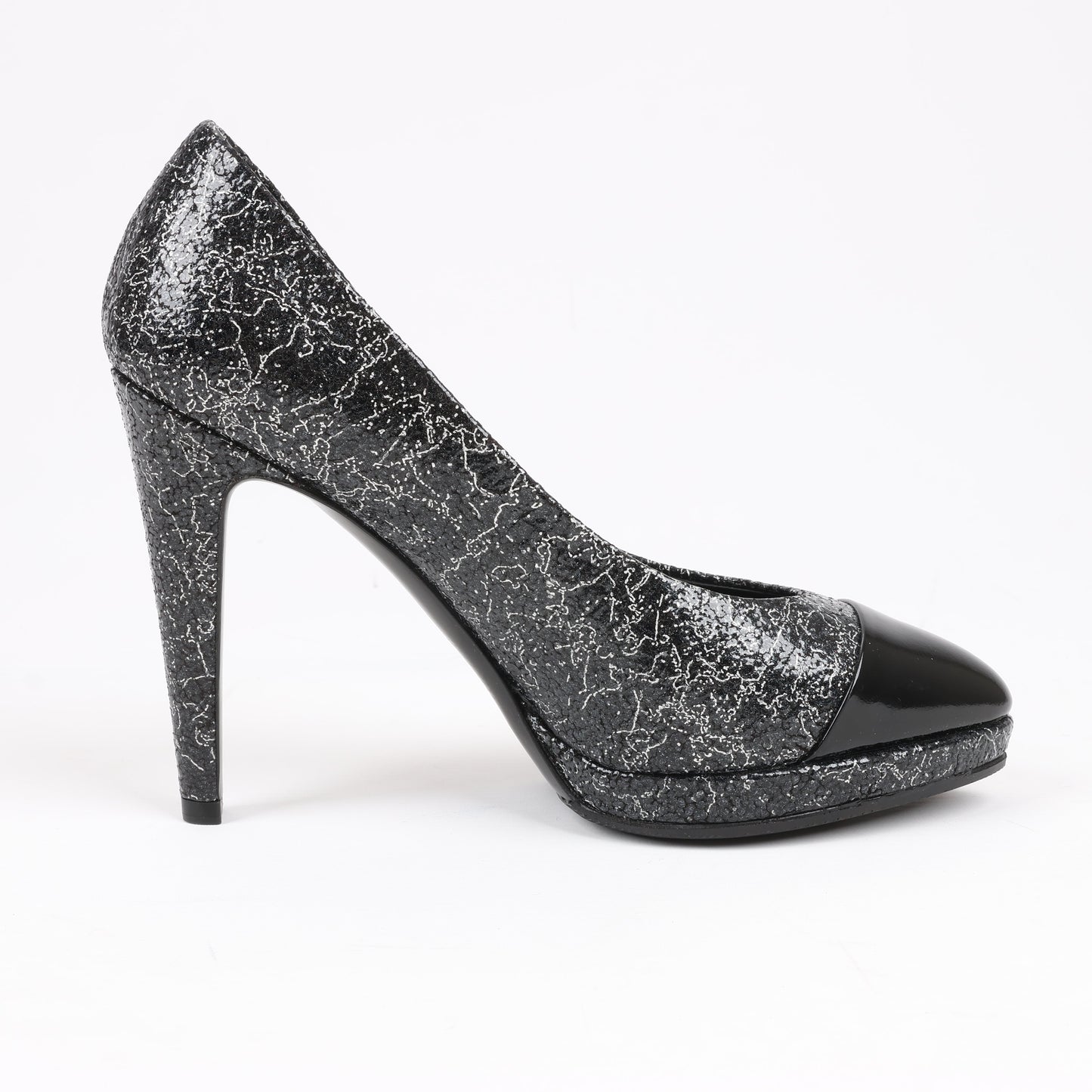 Chanel Coco Mark Leder Heels Schwarz × Silber G29571, Größe 36 EU