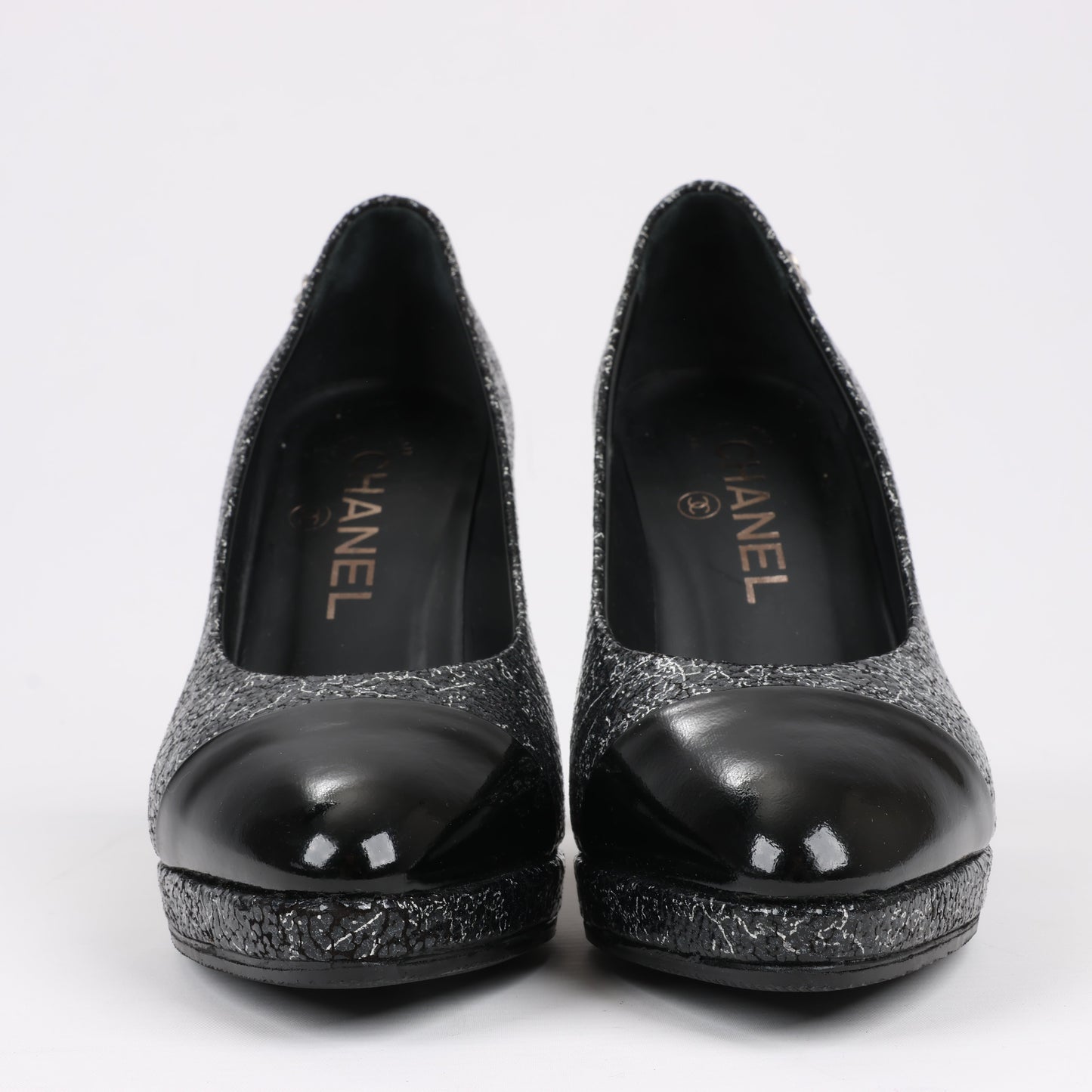 Chanel Coco Mark Leder Heels Schwarz × Silber G29571, Größe 36 EU