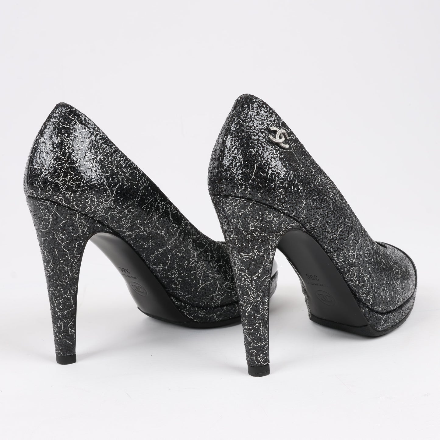 Chanel Coco Mark Leder Heels Schwarz × Silber G29571, Größe 36 EU