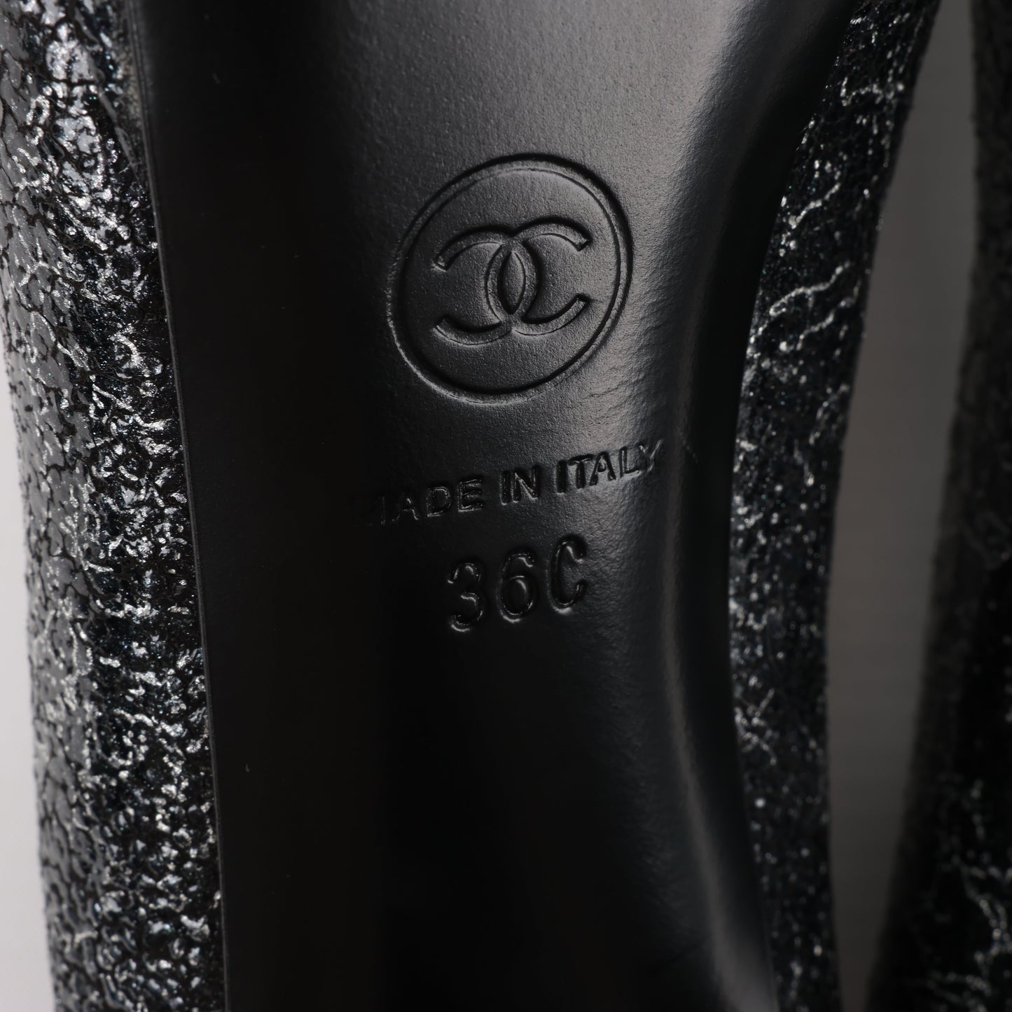 Chanel Coco Mark Leder Heels Schwarz × Silber G29571, Größe 36 EU