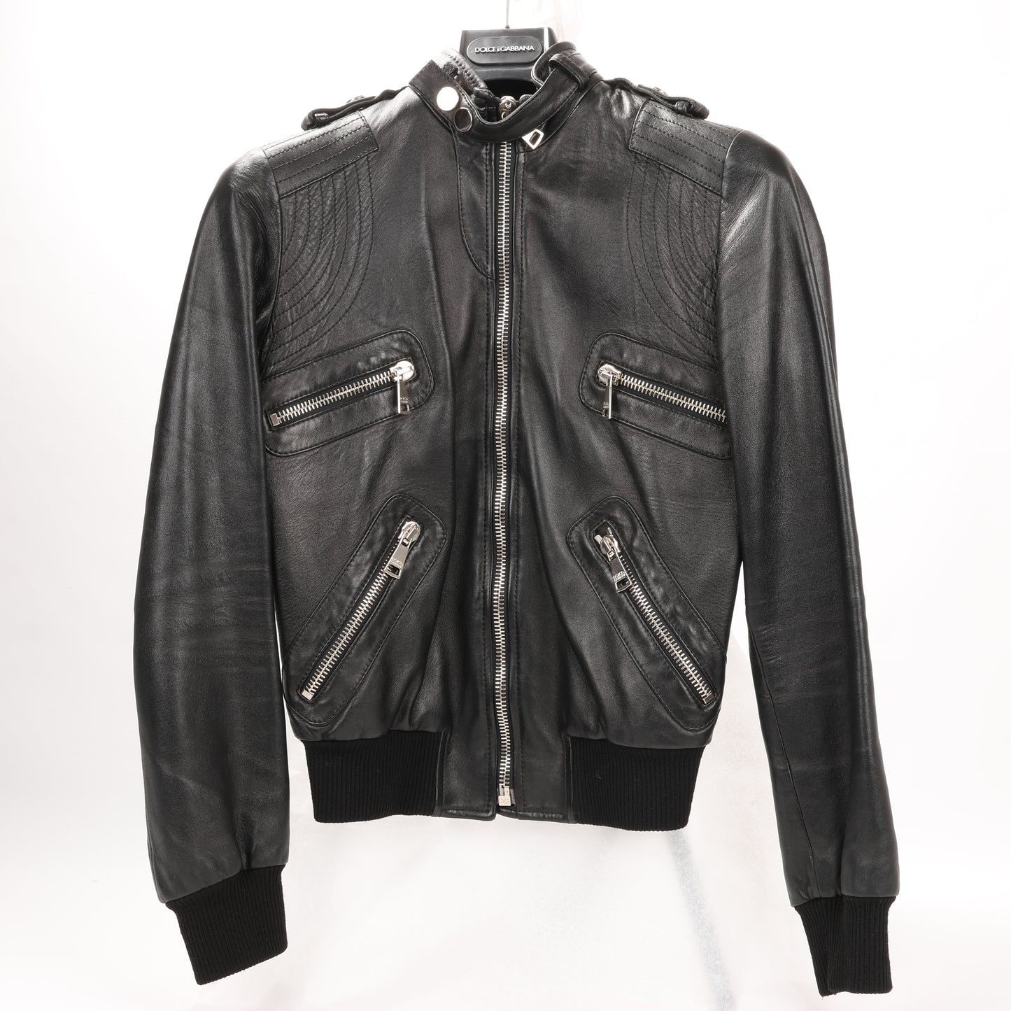 Dolce & Gabbana Black Leather and Leopard Biker Jacket, Size 38