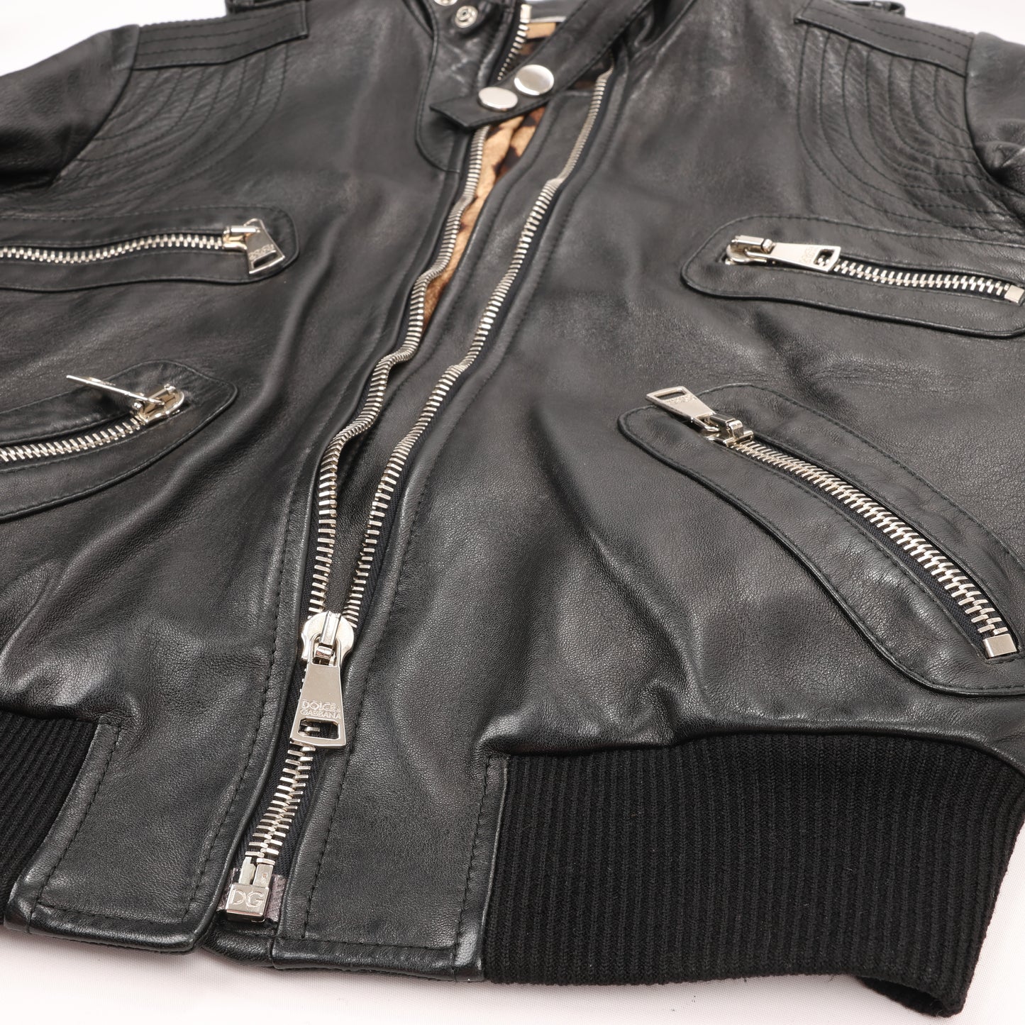Dolce & Gabbana Black Leather and Leopard Biker Jacket, Size 38