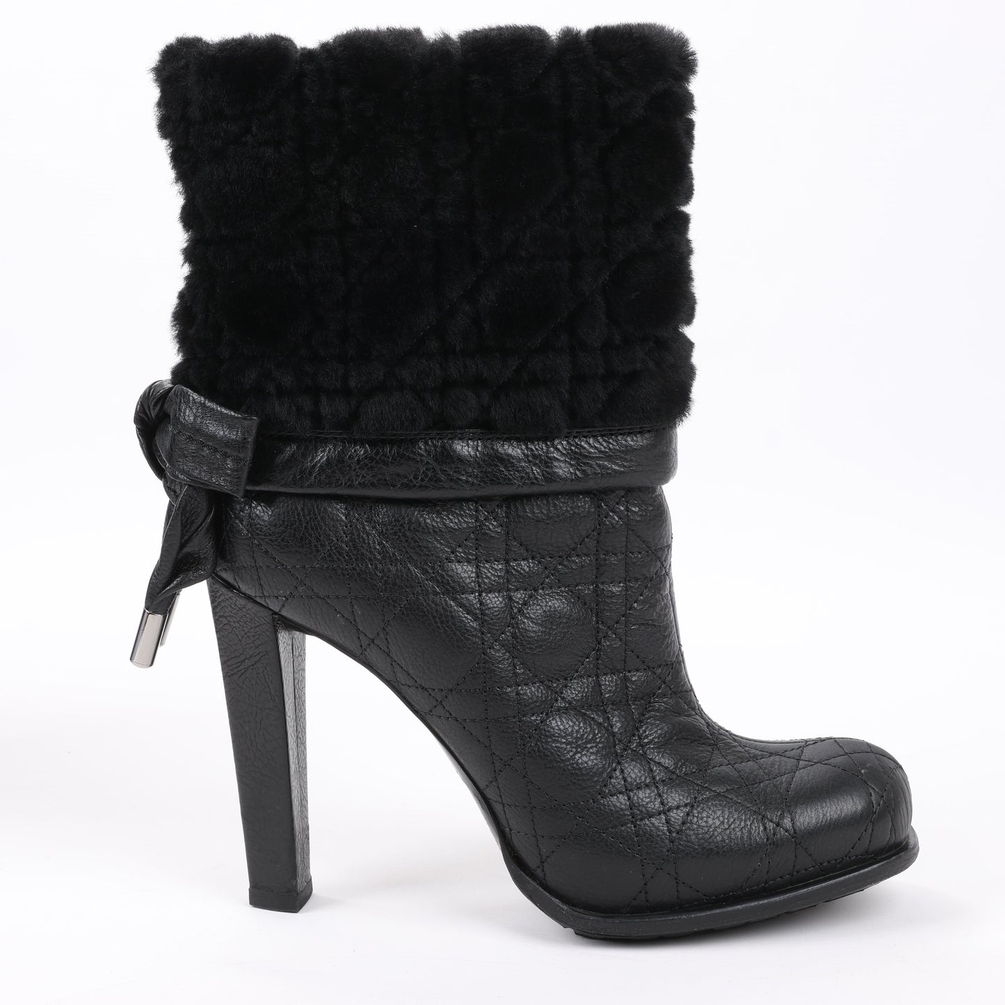 Dior Black Leather Cannage Ice Fur Cuffed Boots, Size 40 EU