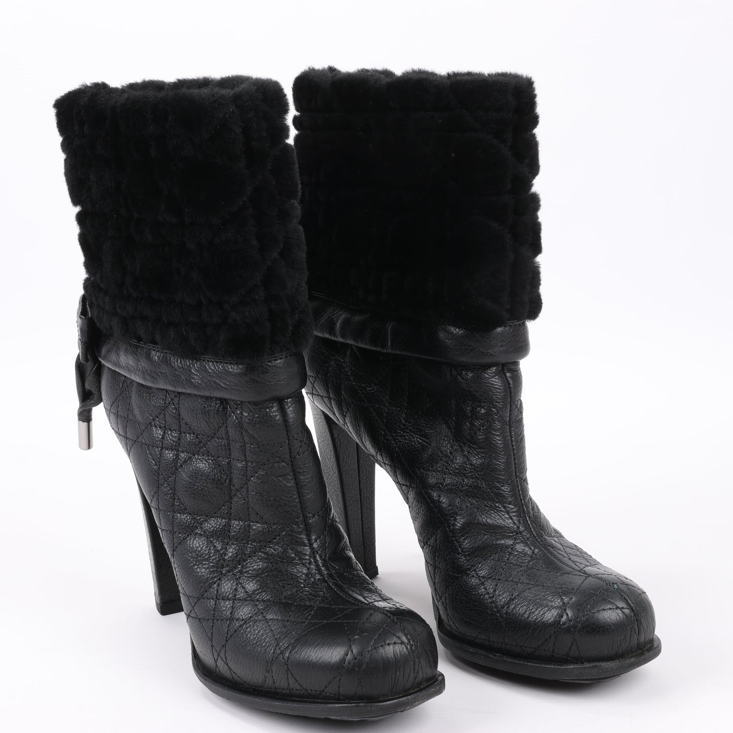 Dior Black Leather Cannage Ice Fur Cuffed Boots, Size 40 EU