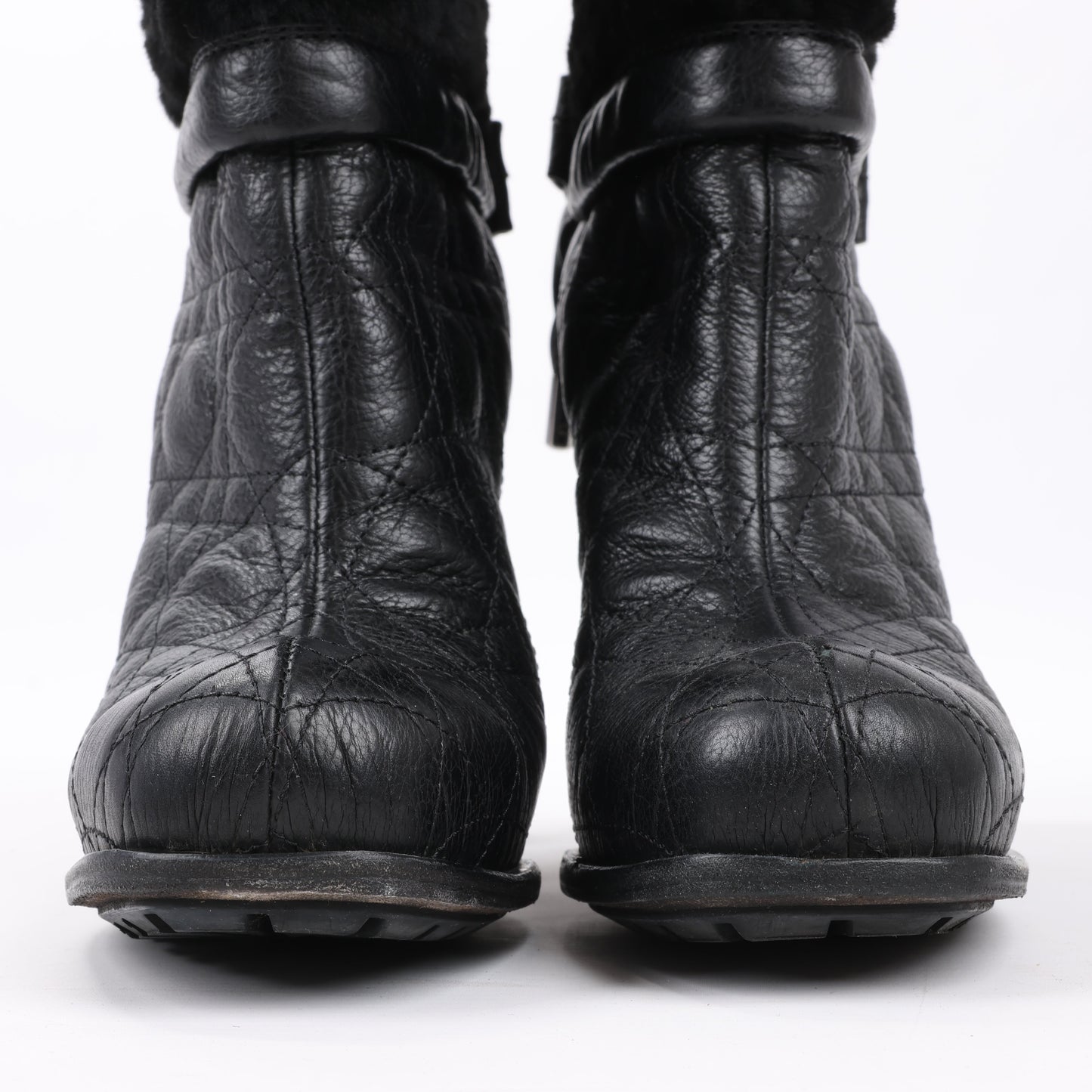 Dior Black Leather Cannage Ice Fur Cuffed Boots, Size 40 EU