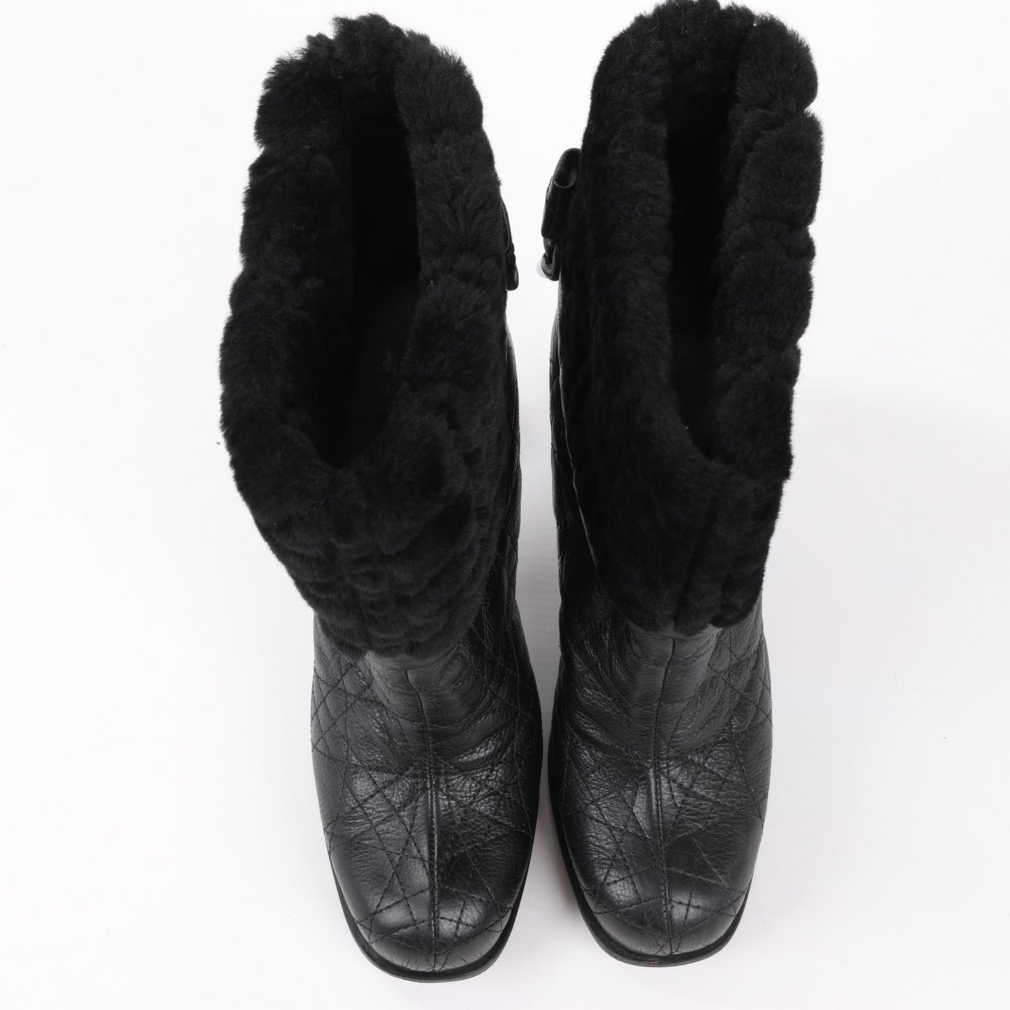 Dior Black Leather Cannage Ice Fur Cuffed Boots, Size 40 EU