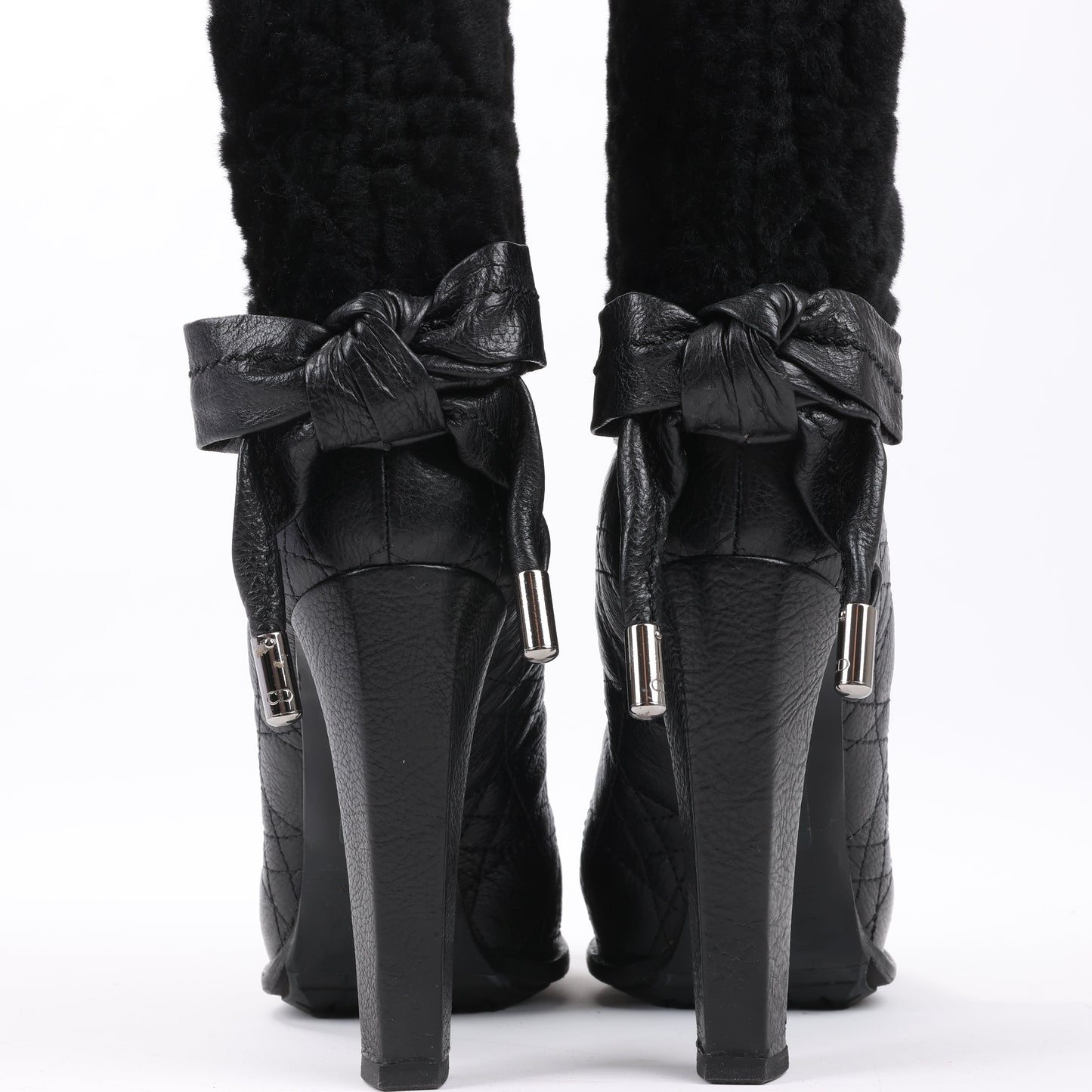 Dior Black Leather Cannage Ice Fur Cuffed Boots, Size 40 EU