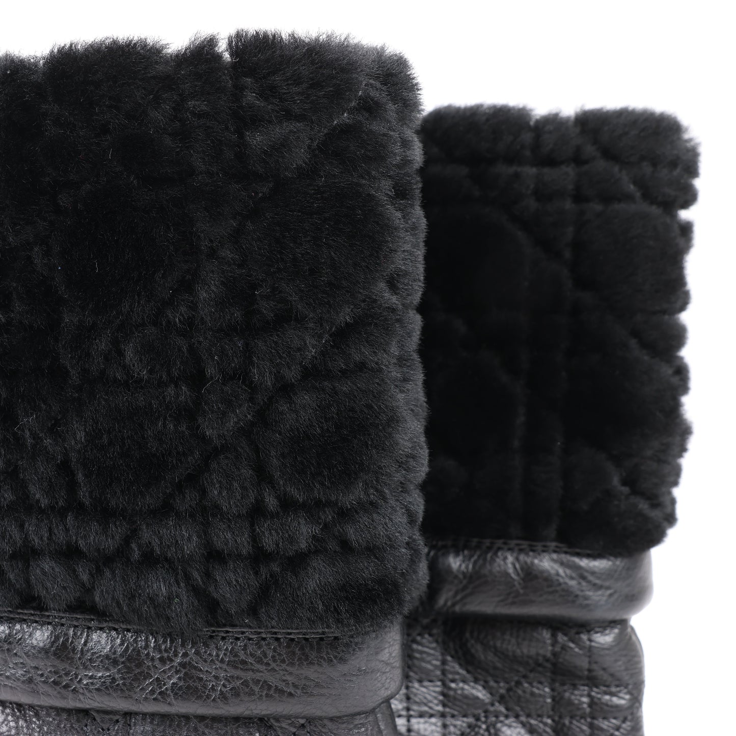 Dior Black Leather Cannage Ice Fur Cuffed Boots, Size 40 EU