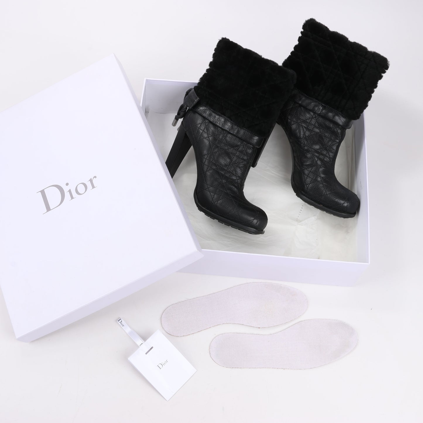 Dior Black Leather Cannage Ice Fur Cuffed Boots, Size 40 EU