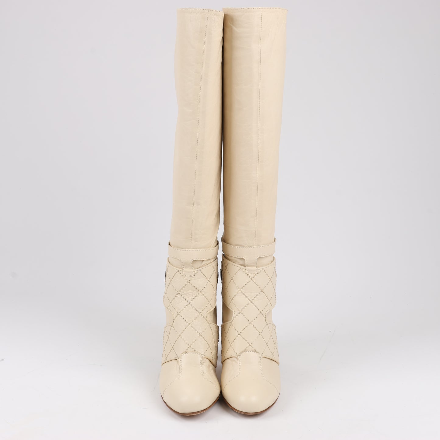 Chanel Coco Mark Matelasse 06A Leather Long Boots in Ivory G25325, Size 38.5 EU