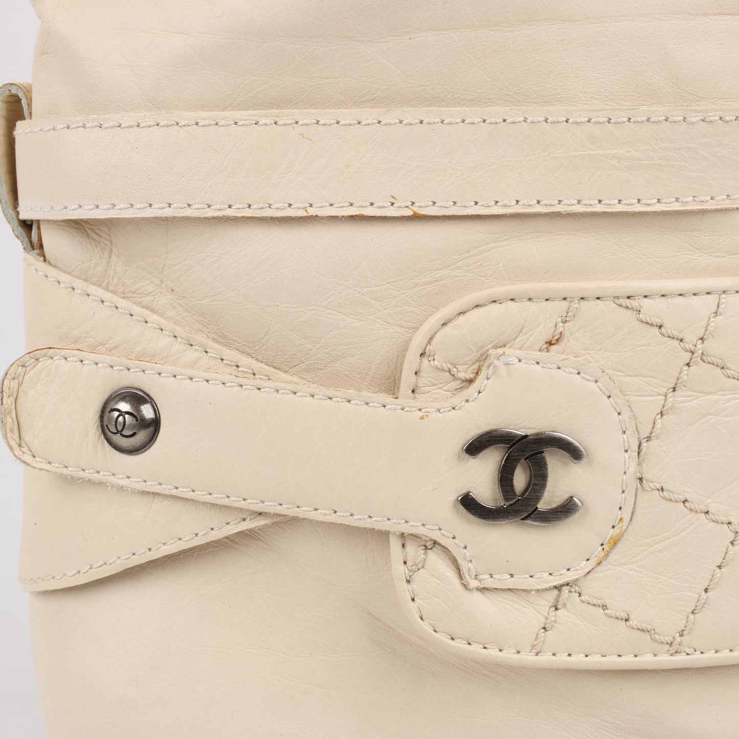 Chanel Coco Mark Matelasse 06A Leather Long Boots in Ivory G25325, Size 38.5 EU