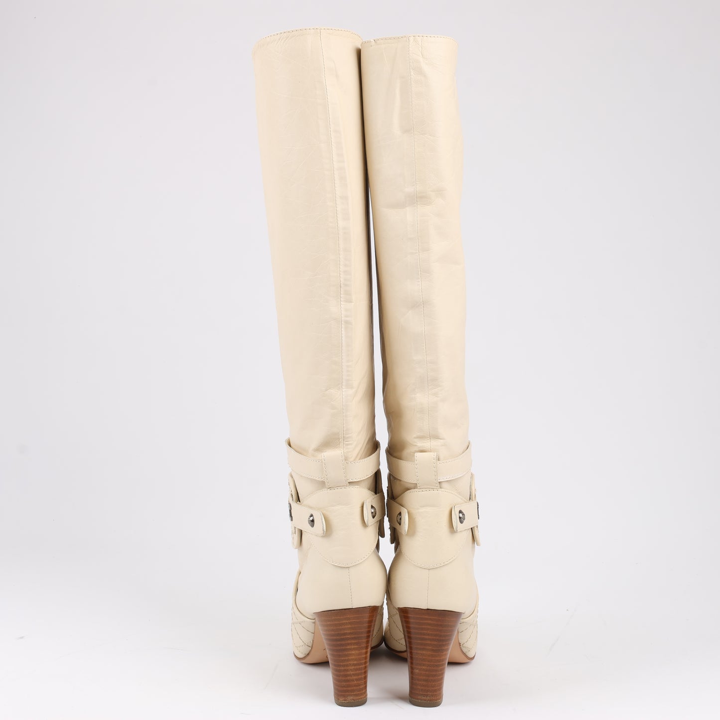 Chanel Coco Mark Matelasse 06A Leather Long Boots in Ivory G25325, Size 38.5 EU