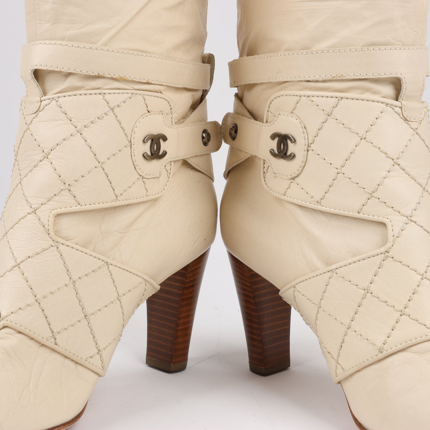 Chanel Coco Mark Matelasse 06A Leather Long Boots in Ivory G25325, Size 38.5 EU