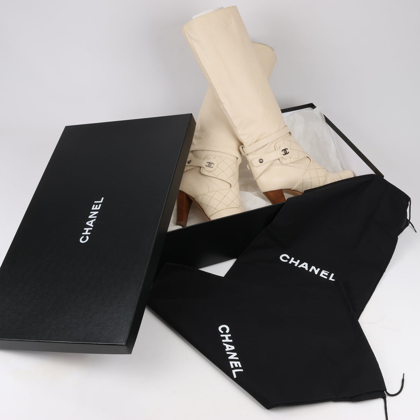 Chanel Coco Mark Matelasse 06A Leather Long Boots in Ivory G25325, Size 38.5 EU