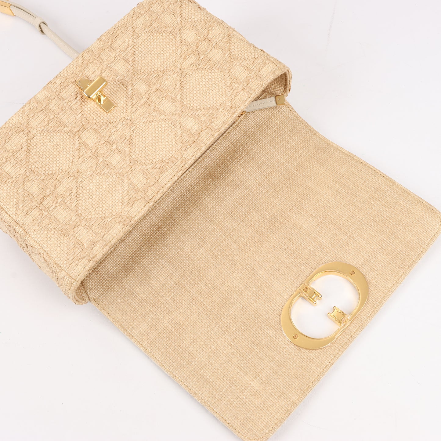 Christian Dior Caro Raffia x Leder, mittelgroße Umhängetasche in Beige