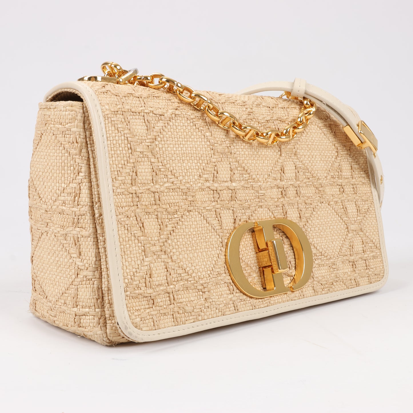 Christian Dior Caro Raffia x Leder, mittelgroße Umhängetasche in Beige