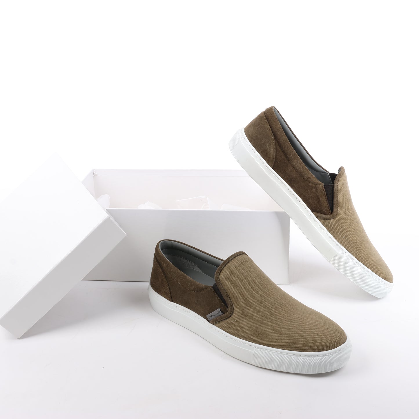 CORNELIANI Suede and Cloth Slip-On Sneakers in Brown, Size 50 EU
