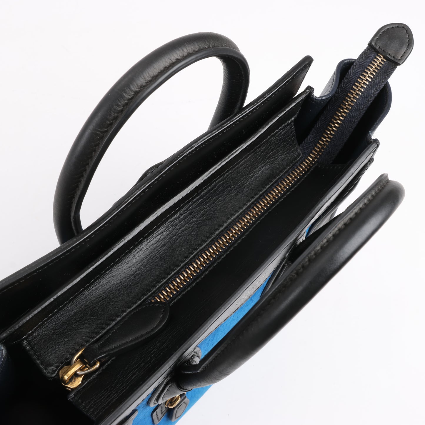 CELINE Nano Luggage Dreifarbige 2-Wege-Handtasche aus Kalbsleder in Blau x Schwarz