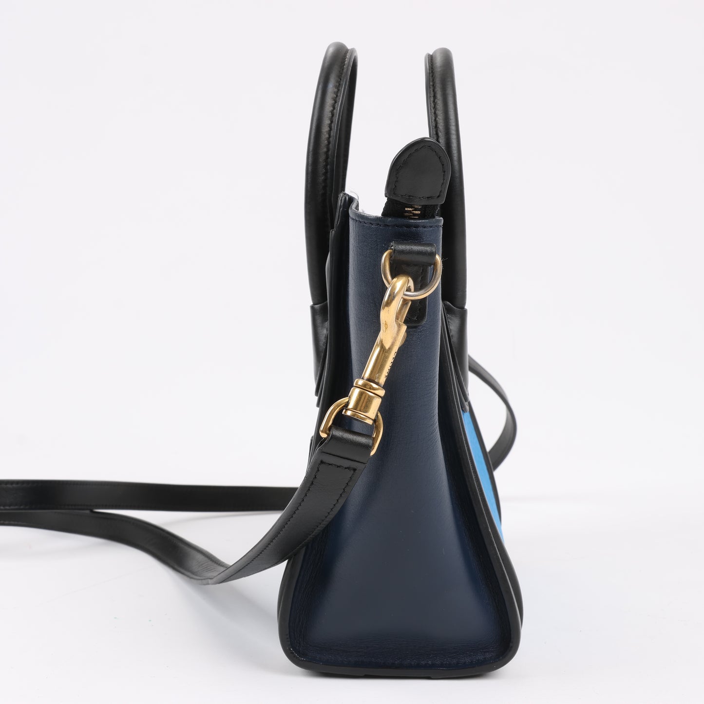 CELINE Nano Luggage Dreifarbige 2-Wege-Handtasche aus Kalbsleder in Blau x Schwarz