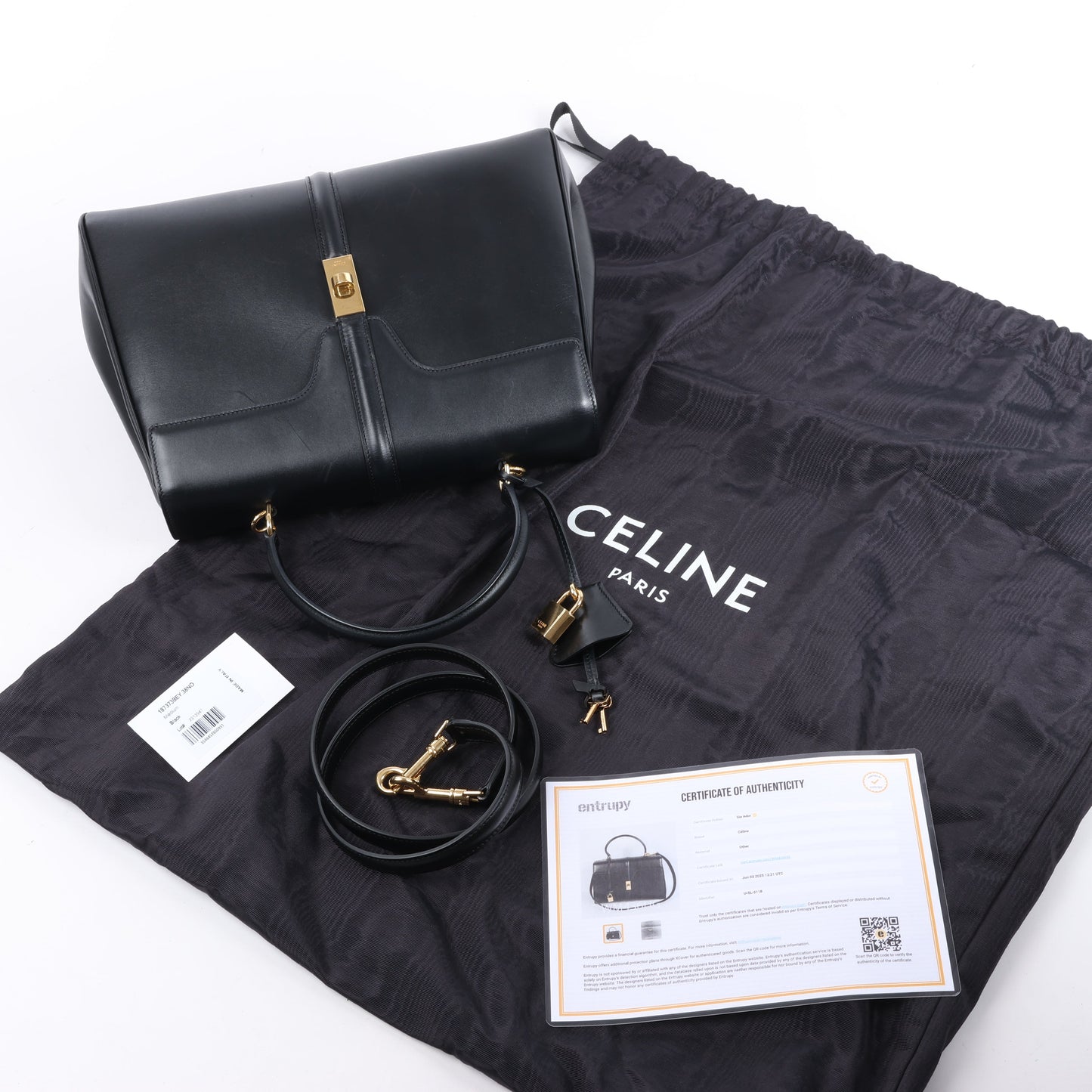 Celine – Sac 16 – Mittlere 2-Wege-Handtasche aus glattem Leder in Schwarz