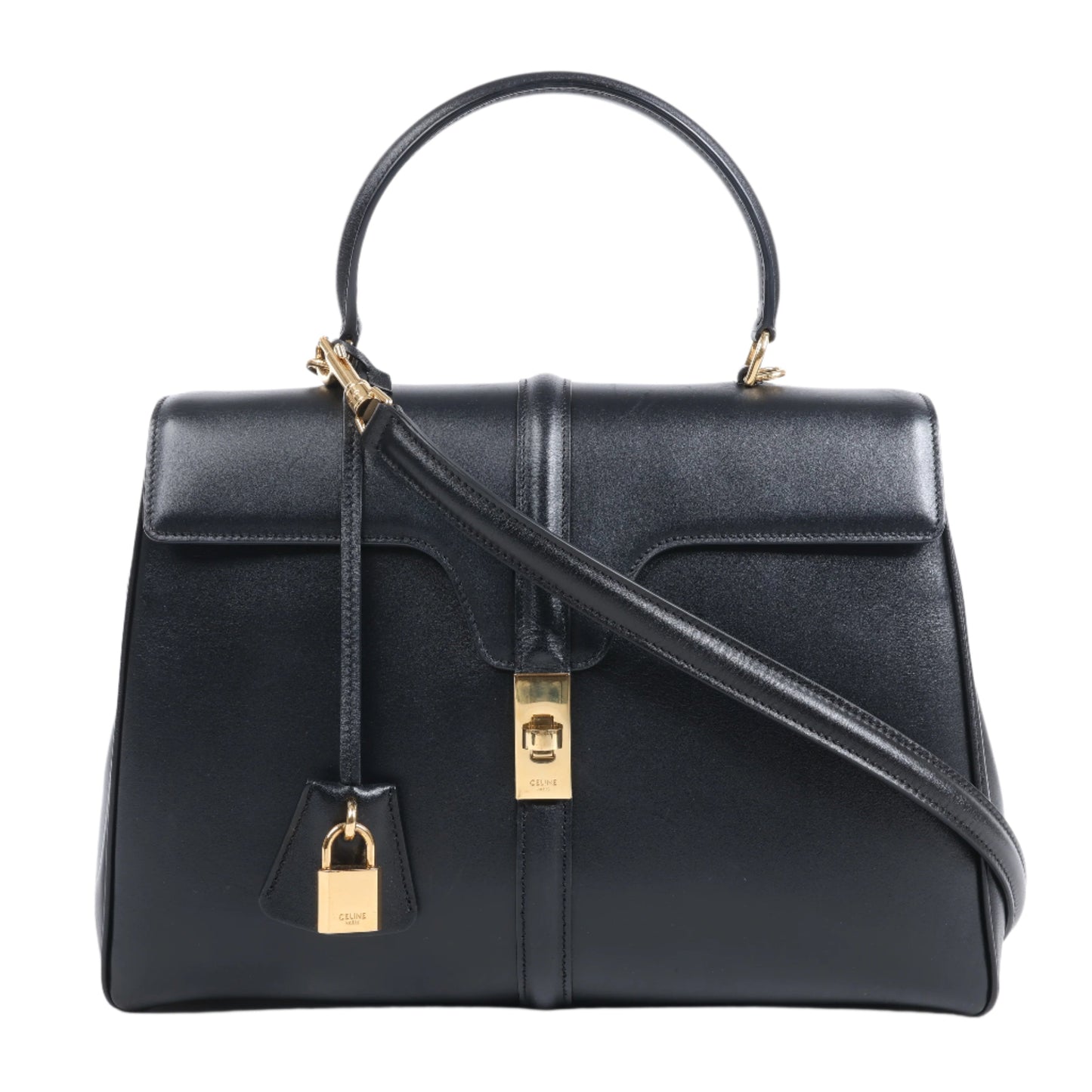 Celine – Sac 16 – Mittlere 2-Wege-Handtasche aus glattem Leder in Schwarz