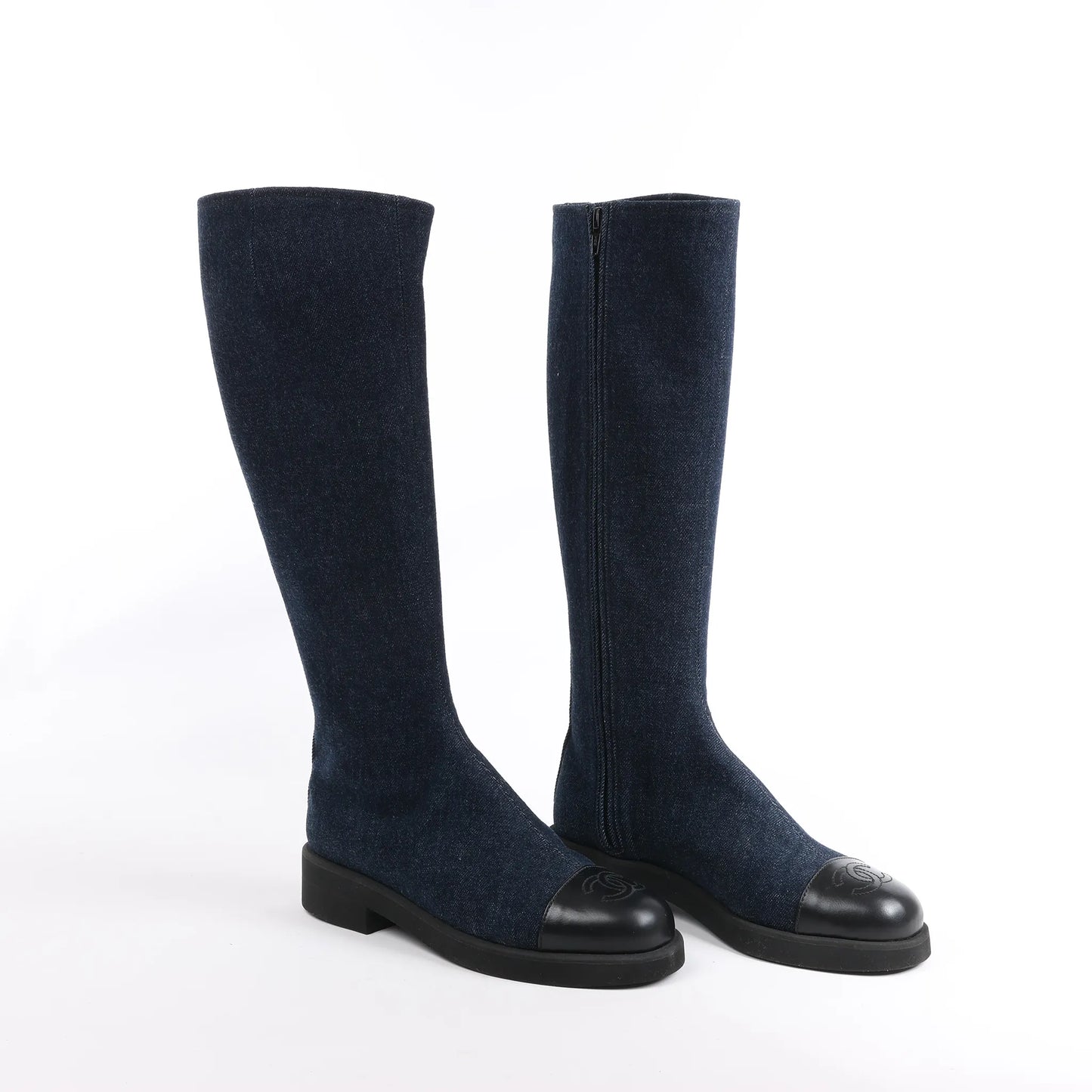 Chanel Coco Mark Denim Long Boots in Navy Blue, Size 37 EU