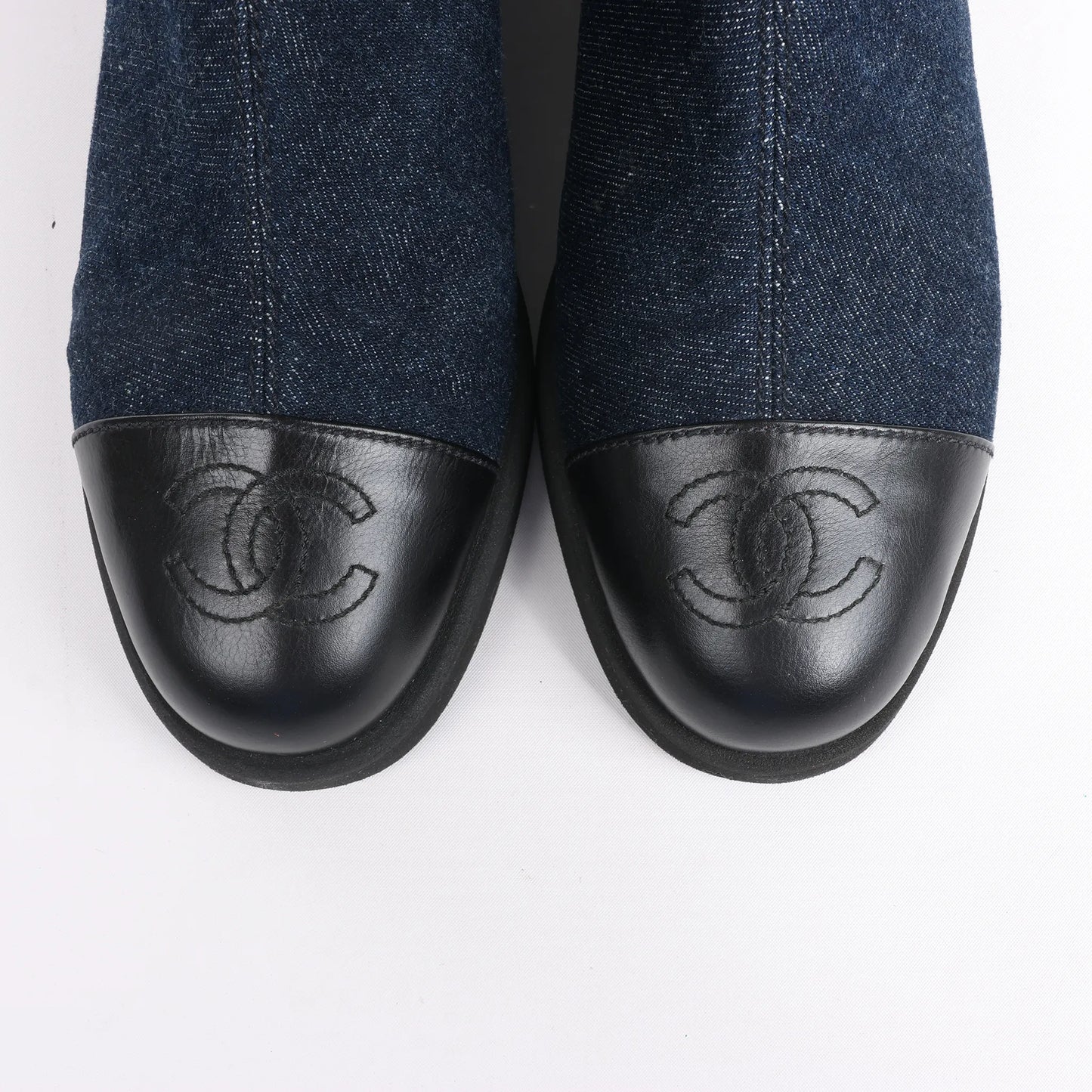Chanel Coco Mark Denim Long Boots in Navy Blue, Size 37 EU