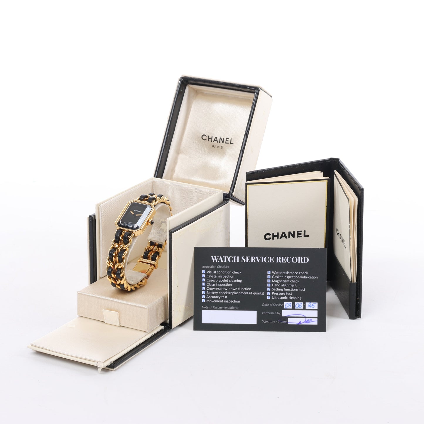 Chanel Premiere L H0001 MN16207 GP & Leder QZ Schwarzes Zifferblatt