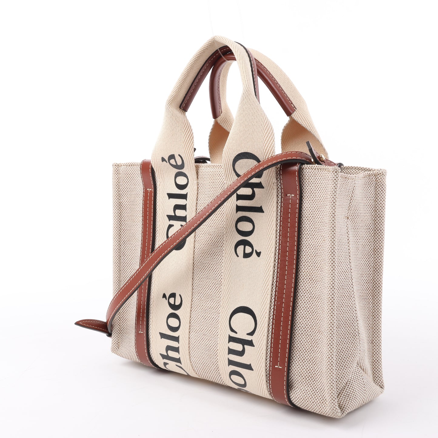 Chloé Woody Kleine 2-Wege-Handtasche aus Canvas und Leder in Beige x Braun