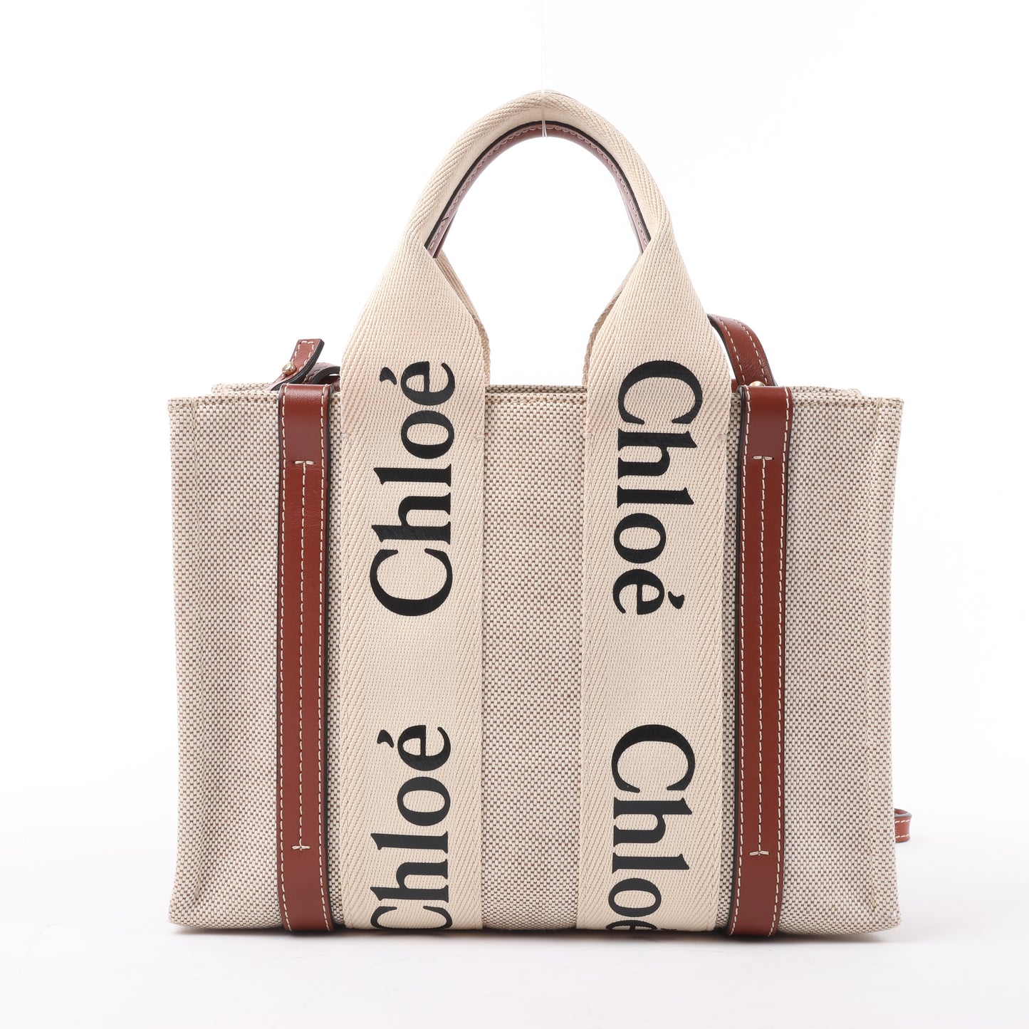 Chloé Woody Kleine 2-Wege-Handtasche aus Canvas und Leder in Beige x Braun