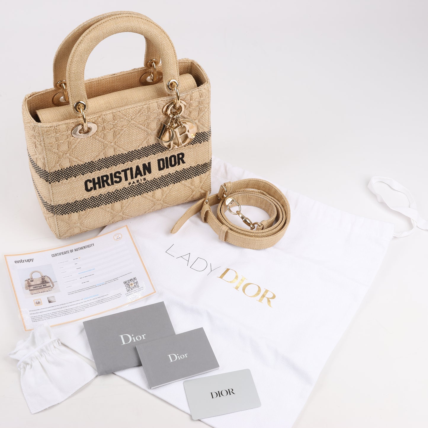 Christian Dior Lady D-Lite Raffia Woven Cannage Embroidered Medium 2Way Handtasche in Beige