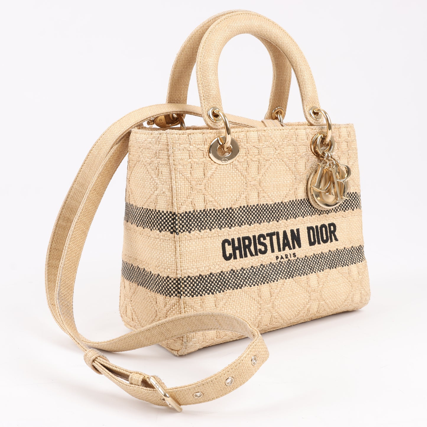 Christian Dior Lady D-Lite Raffia Woven Cannage Embroidered Medium 2Way Handtasche in Beige