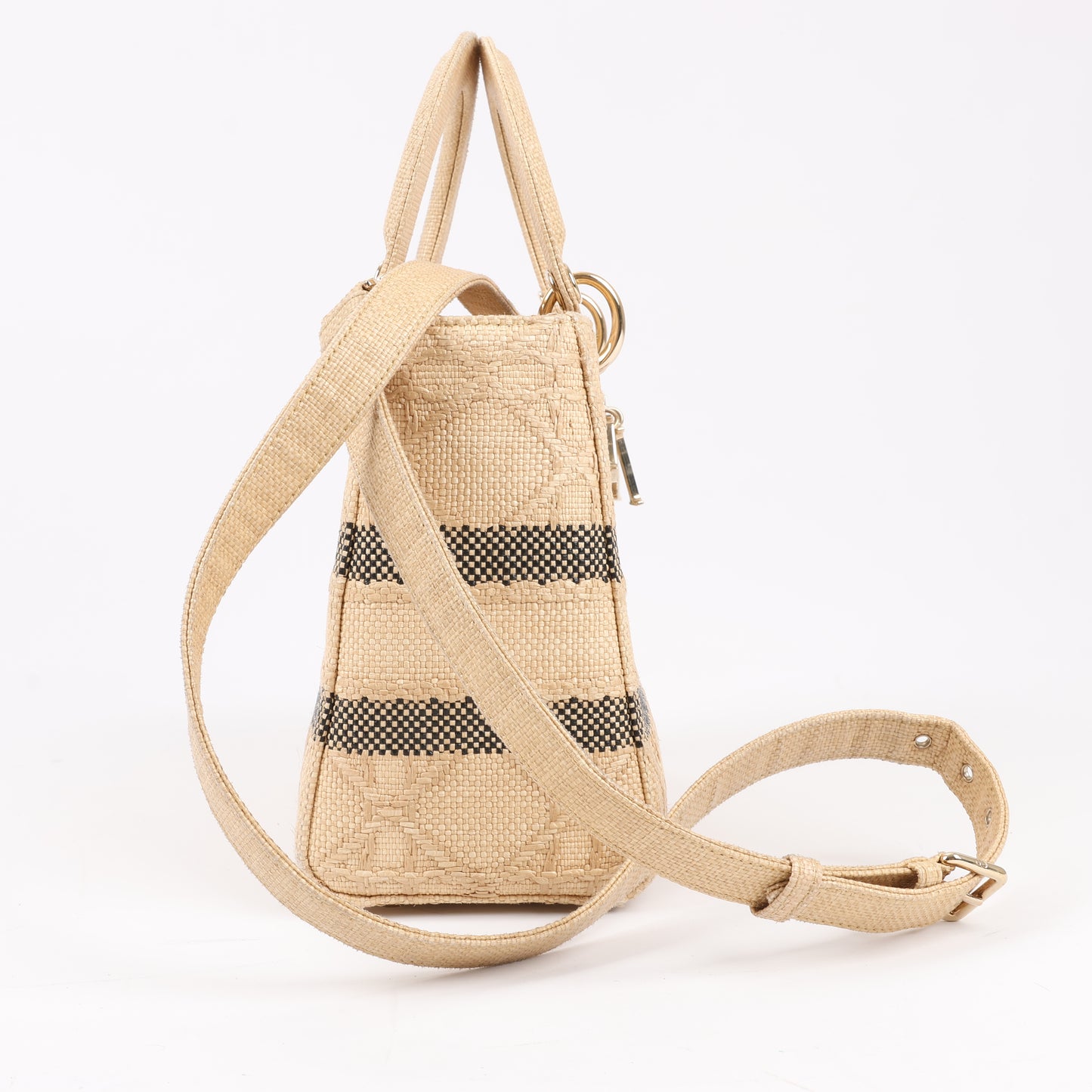 Christian Dior Lady D-Lite Raffia Woven Cannage Embroidered Medium 2Way Handtasche in Beige