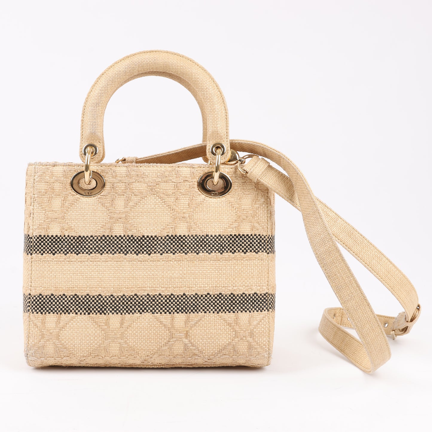 Christian Dior Lady D-Lite Raffia Woven Cannage Embroidered Medium 2Way Handtasche in Beige