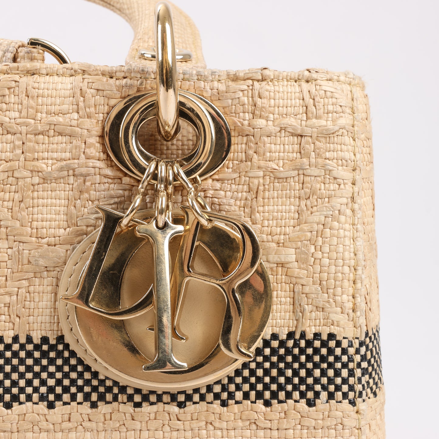 Christian Dior Lady D-Lite Raffia Woven Cannage Embroidered Medium 2Way Handtasche in Beige