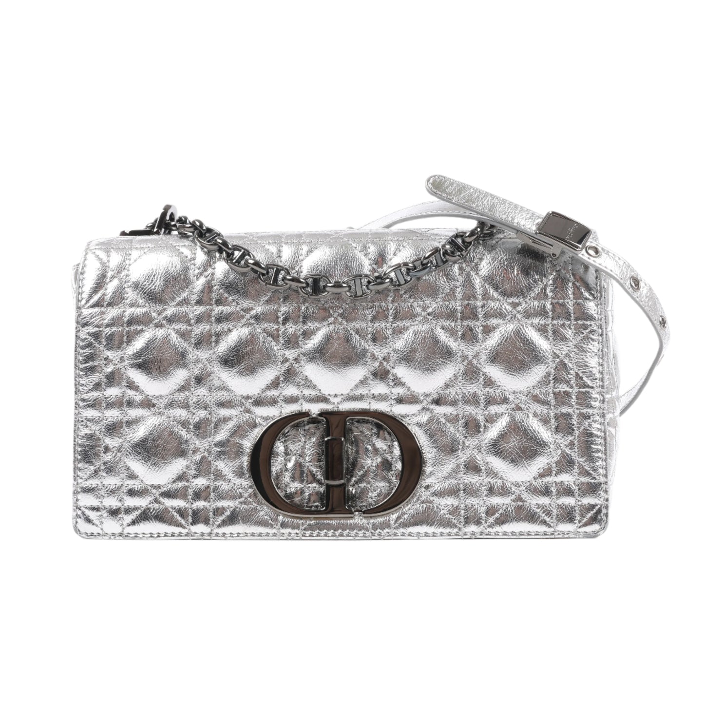 Christian Dior Caro Schultertasche aus Leder mit Kettenriemen in Metallic-Silber