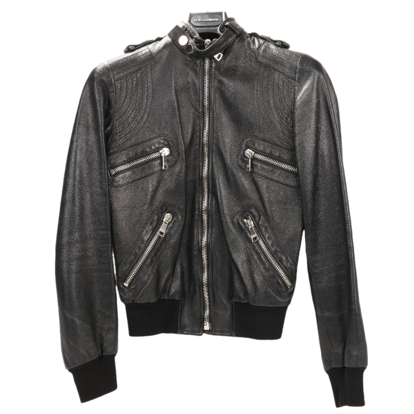 Dolce & Gabbana – Bikerjacke aus schwarzem Leder und Leopardenmuster, Größe 38