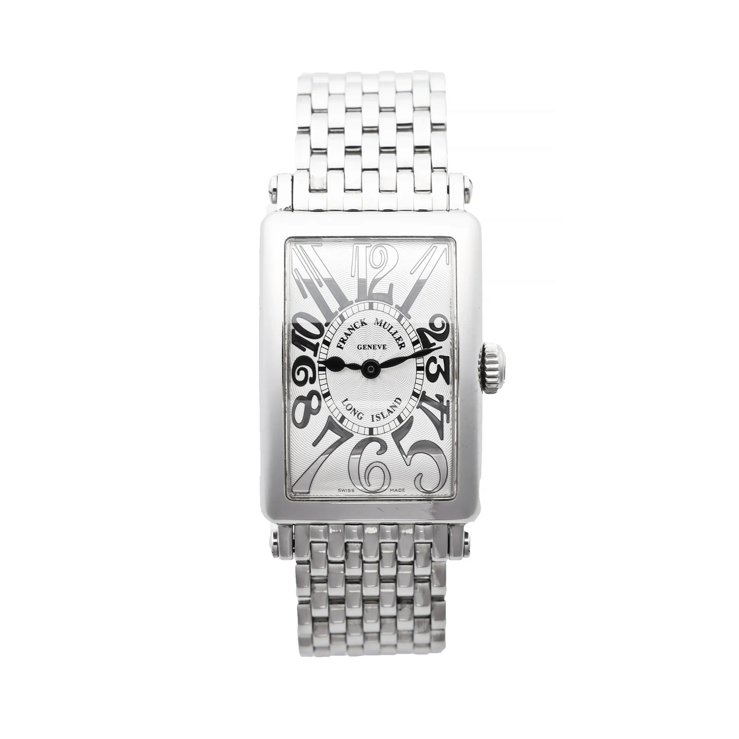 Franck Muller Long Island 902QZ stainless steel wristwatch with rectangular silver guilloché dial, bold black Art Deco numerals, and polished link bracelet, displayed against a white background.