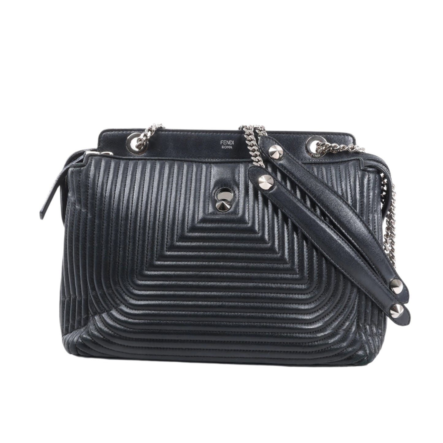 Fendi – Dotcom – Halb-Schultertasche aus schwarzem Leder mit Kettenriemen