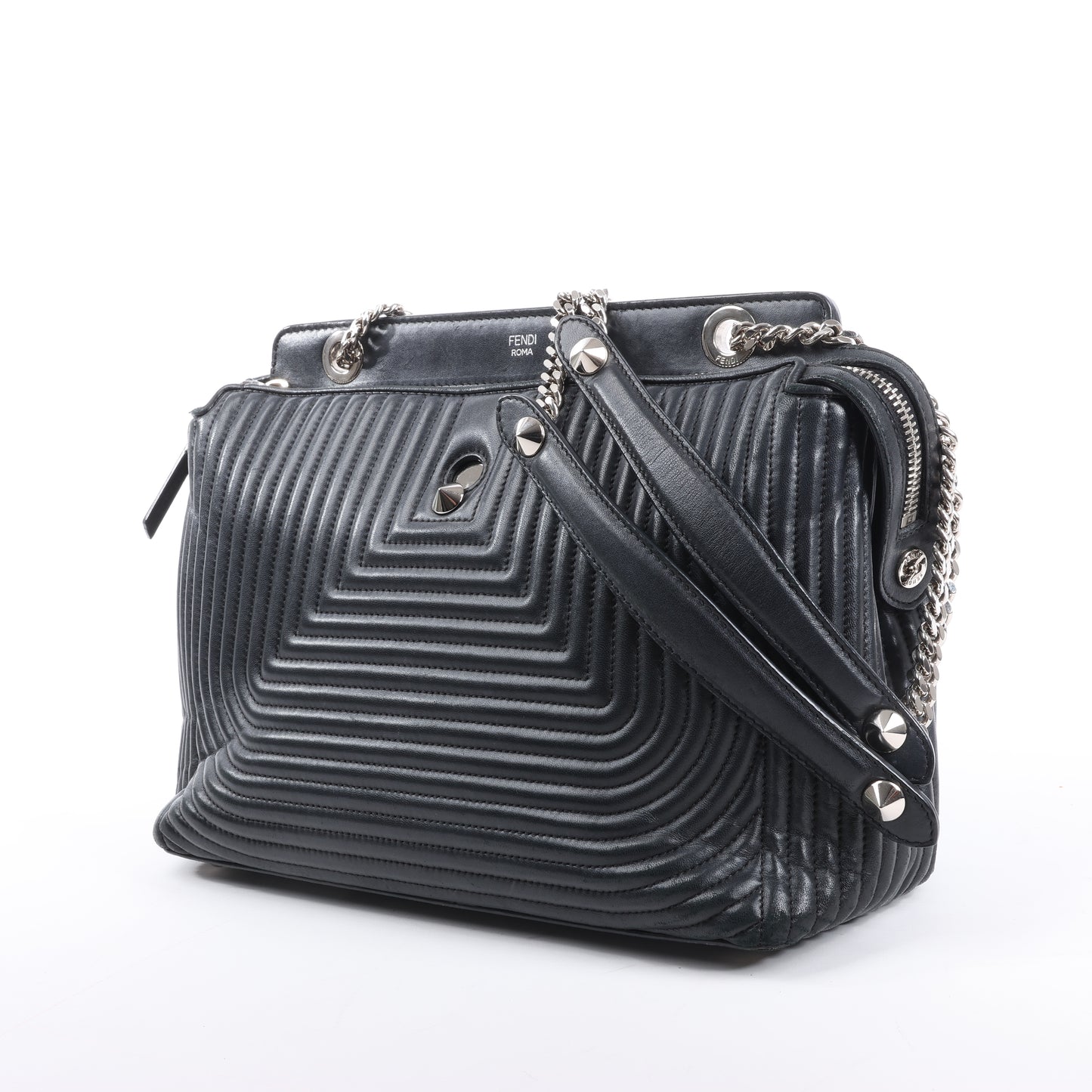 Fendi – Dotcom – Halb-Schultertasche aus schwarzem Leder mit Kettenriemen