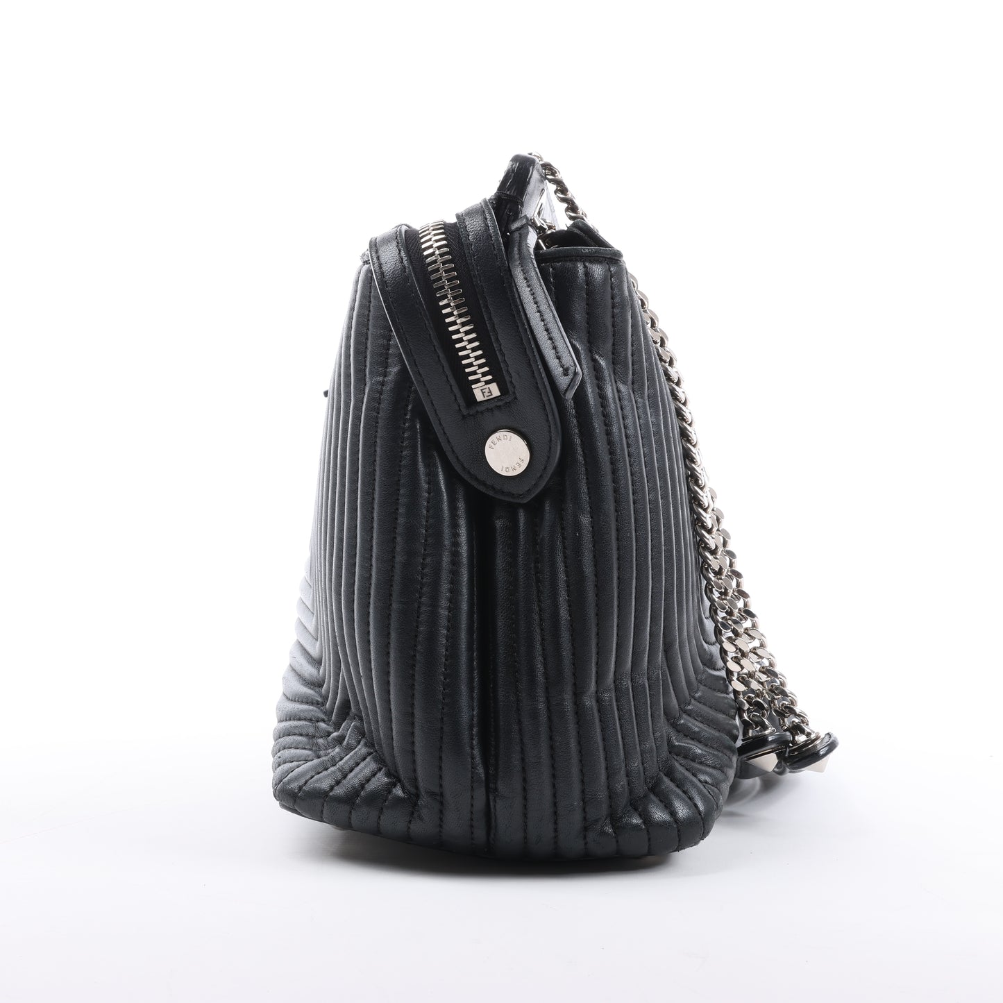 Fendi – Dotcom – Halb-Schultertasche aus schwarzem Leder mit Kettenriemen